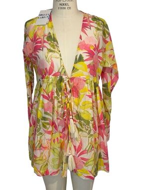 NWT Roller Rabbit Floral Tie-Front Swimsuit Beach Cover Up Cotton & Silk SMALL